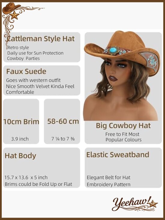 Shapeable Wide Brim Cowboy Hat with Embroidery, Adjustable Fit